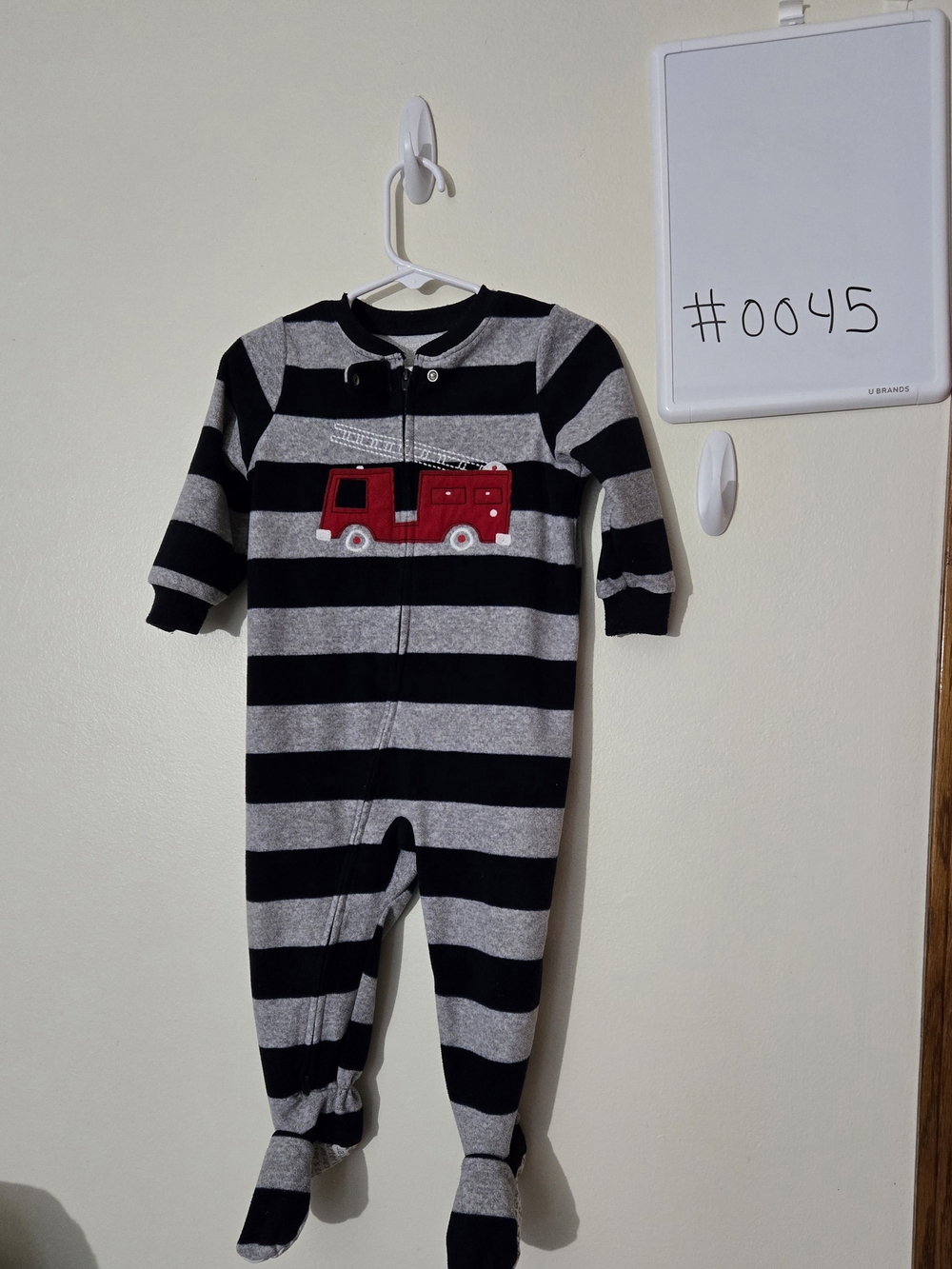 Carter's 18M Black & Gray Striped Footed One-Piece with Red Fire Truck #0045